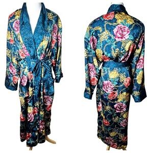Vintage Victorias Secret Gold Label Robe Long Teal Floral Jacquard Satin